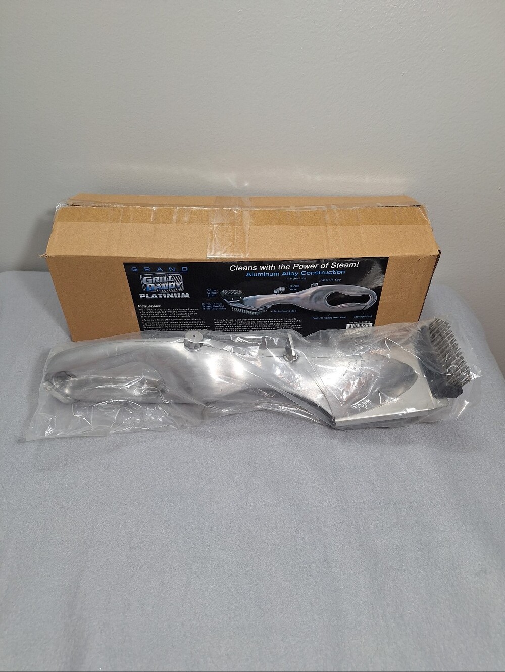 New In Box Grand Grill Daddy Platinum Aluminum Steam Cleaning Grill Brush 17 In